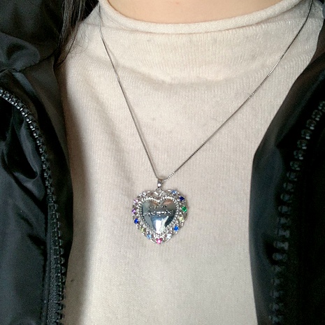 Korea color zircon hollow heart-shaped long necklace's discount tags