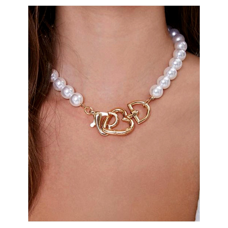 retro alloy love heart pendant pearl necklace