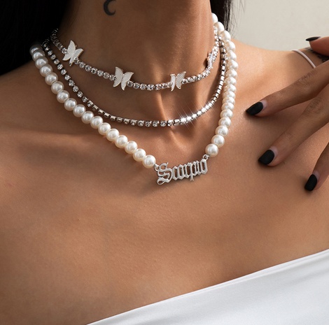 Retro Perle Schmetterling Diamant Halskette Set's discount tags
