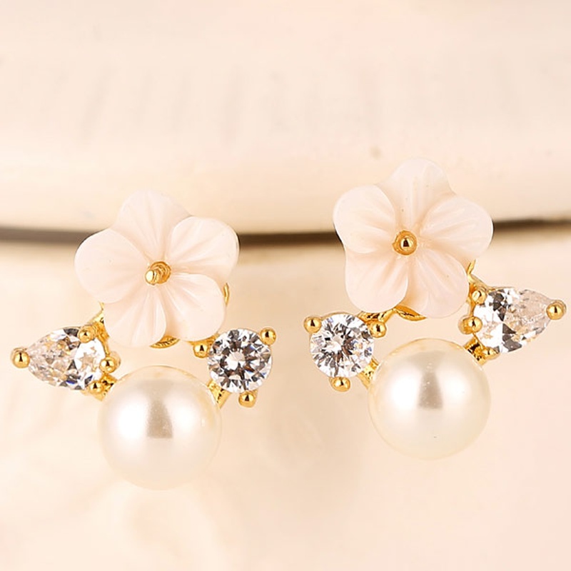 fashion sweet OL shell flower zircon earrings