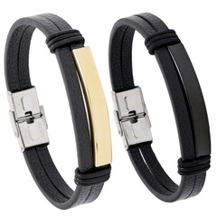 simple smooth stainless steel men's leather bracelet