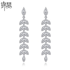 Fashion Willow Leaf Studs Korean New Copper Inlaid Zircon Earrings Long Leaf Earrings