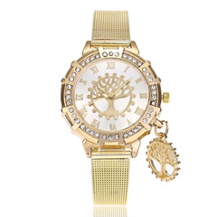 Women's Fashion Watch with Diamond Wish Tree Pendant Quartz Gold Mesh Watch