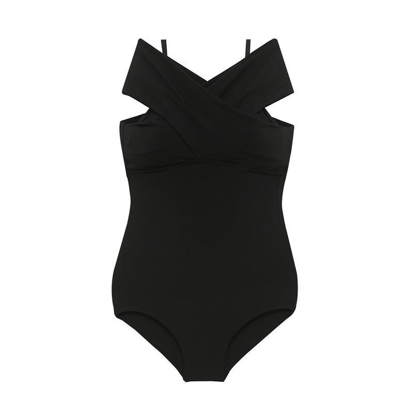 Oneshoulder sexy onepiece black covered belly swimsuit women NHHL198372