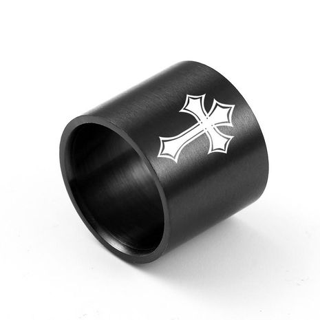 18mm Ultra Wide Cross Carved Ring Titanium Steel Ring Wholesale NHIM202917's discount tags
