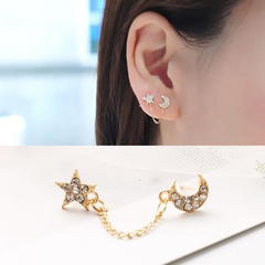 Star Moon Full Diamond Chain Earrings Single Ear Double Hole Stud Earrings