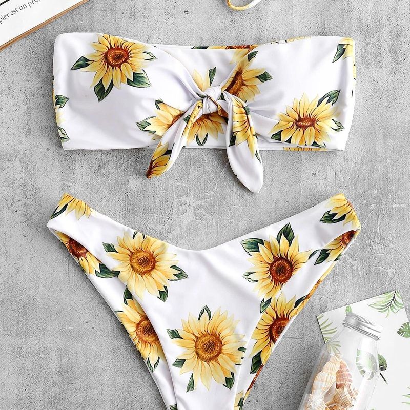 Sexy split bikini swimsuit tube top print sun flower triangle bikini ...