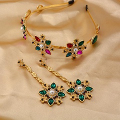 Baroque vintage color crystal pearl rhinestone flower headband earrings