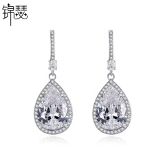 Korean simple natural ladies copper inlaid zircon earrings long drop wild earrings