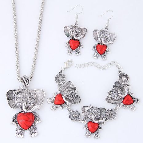 New Fashion Metal Inlaid Turquoise Cute Bear Necklace Earring Bracelet Set's discount tags