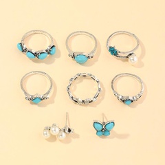 Vintage Fashion Geometric Blue Turquoise Ring Butterfly Pearl Ring 8 Piece Set