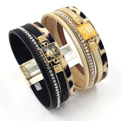 New fashion bracelet with diamond woven bracelet bohemian magnetic buckle PU leather multilayer bracelet for women