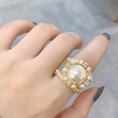 Vintage Gold Openwork Pearl and Diamond Ring Opening Adjustable Fashion Ring