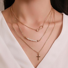 Nueva moda collar largo 8 palabra perla collar de múltiples capas cruz colgante collar hembra clavícula cadena al por mayor