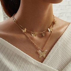 50700 Han Zhi shang Europäische und amerikanische neue Schmetterlings anhänger mehr schicht ige Halskette kreative Retro Gold legierung Doppels chicht Halskette