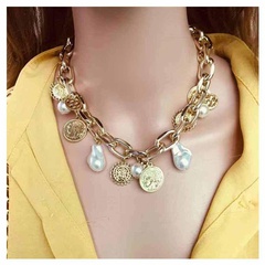 Fashion exaggerated portraits, coins, multi-element accessories, vintage relief flower disc, imitation pearl necklace