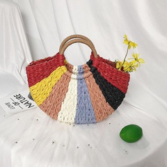 Handmade Woven Female Bag Rainbow Stripe Straw Bag Handbag Holiday Beach Bag