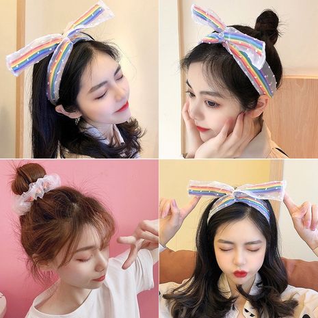 Nueva moda coreana modelos de venta caliente banda de pelo salvaje gasa de malla arcoiris colorida banda de pelo nihaojewelry al por mayor's discount tags