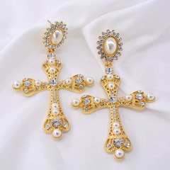 New Korean  Baroque long cross earrings pink crystal tassel palace retro cold wind earrings nihaojewelry wholesale
