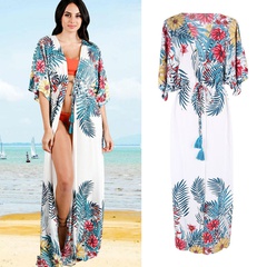 Europäische und amerikanische neue Position ierung bedruckte zweiköpfige Blumen strickjacke plus Größe Strand Sonnenschutz Bikini Bluse Badeanzug Frauen