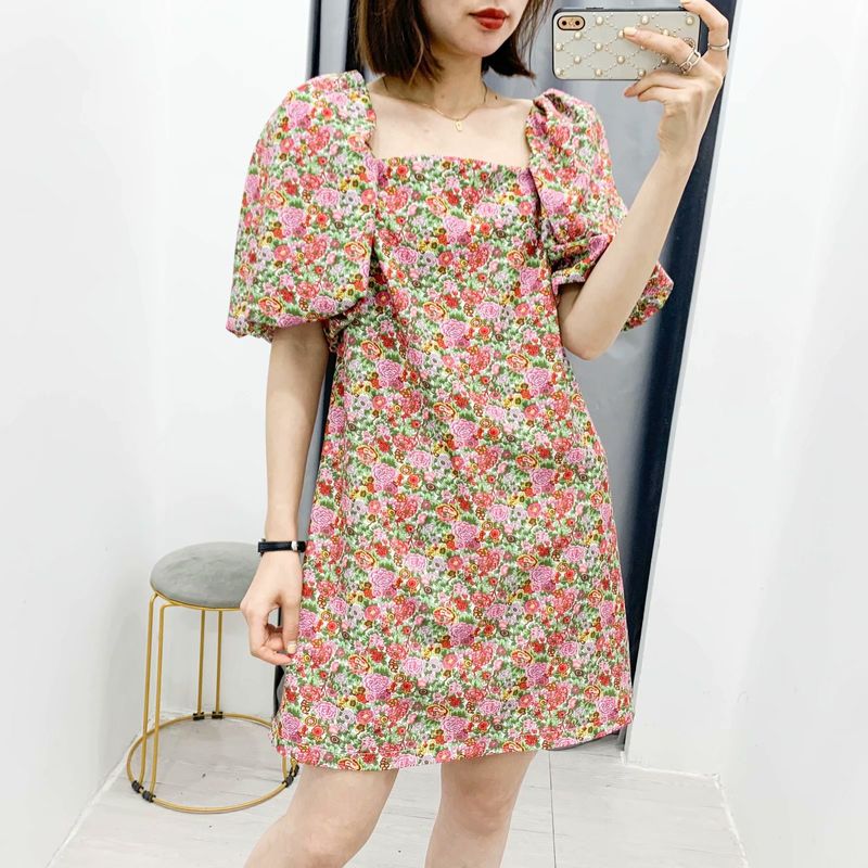 new Summer French Short Style Design Flower Print Puff Sleeve Dress wholesale nihaojewelry NHAM219657