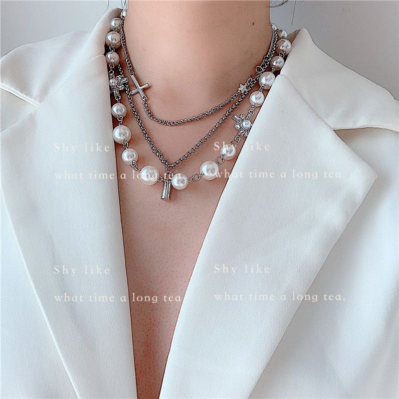 Koreans niche design multilevel cross pearl clavicle chain necklace choker wholesale nihaojewelry