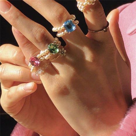 Anillo de perlas de diamantes de colores brillantes de verano para mujeres Corea del Sur nicho anillo de anillo ajustable divertido anti-perlas tejidas a mano's discount tags