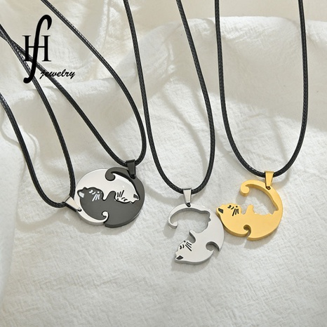 Simple creative embrace love cat necklace stainless steel round card couple stitching necklace nihaojewelry wholesale's discount tags