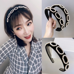 Korean fashion pearl headband bm solid color sponge headband flannel alloy inlaid pearl hollow wide-brimmed headband nihaojewelry wholesale