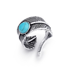Cross-Border Hot Selling Ornament European Vintage Feather Inlaid Turquoise Ring Men's Opening Ring AliExpress Burst