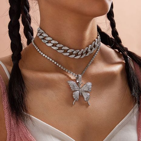 bijoux de mode exagéré micro-ensemble strass collier géométrique rétro costume chaîne cubaine grand collier papillon en gros nihaojewelry's discount tags