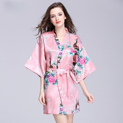 Yao Ting Eisse ide Seide Damen V-Ausschnitt Nachthemd Sommer Mittel ärmel Pfauen Pyjama Freizeit Home Wear Großhandel WP065