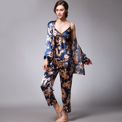 pijamas de seda para mujer túnicas de primavera y verano servicio de hogar de seda impreso traje de tres piezas al por mayor nihaojewelry