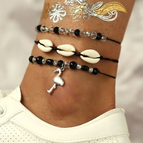 Nueva tobillera creativa moda retro concha flamenco colgante negro perla tobillera set 3 piezas set venta al por mayor nihaojewelry's discount tags