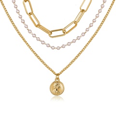 hot sale portrait seal pearl chain multi-layer necklace creative retro alloy necklace wholesale nihaojewelry
