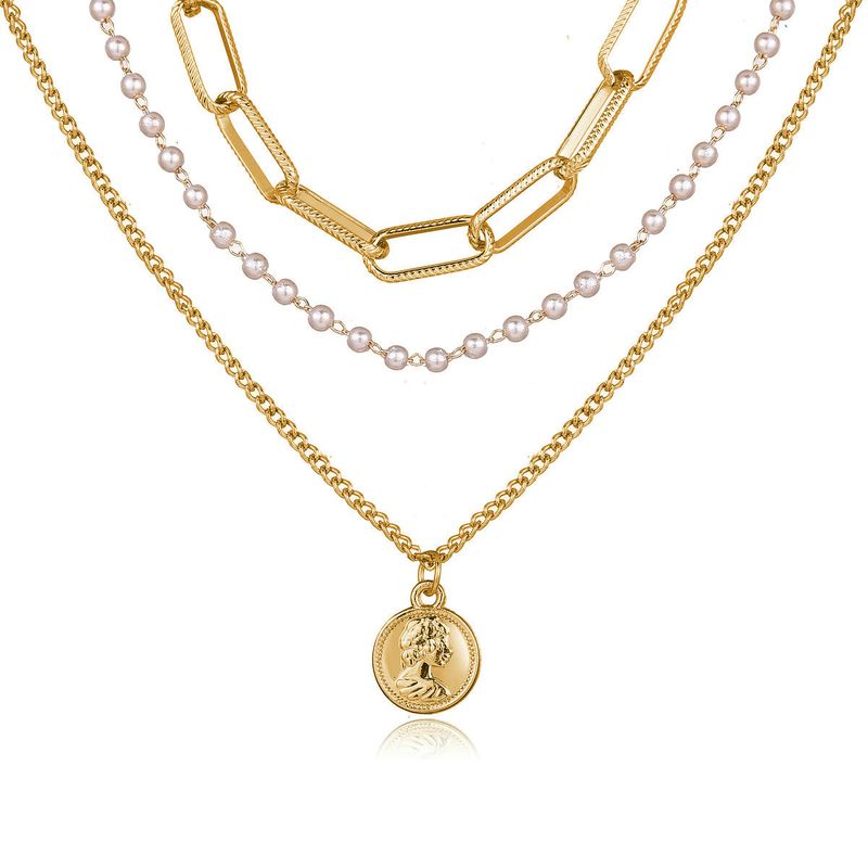 hot sale portrait seal pearl chain multilayer necklace creative retro alloy necklace wholesale nihaojewelry