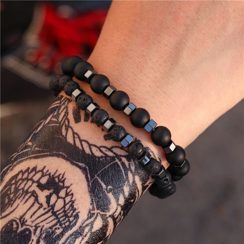 Natural black matte lava volcanic stone wear black gallstone separation beads elastic bracelet suit bracelet  wholesale nihaojewelry