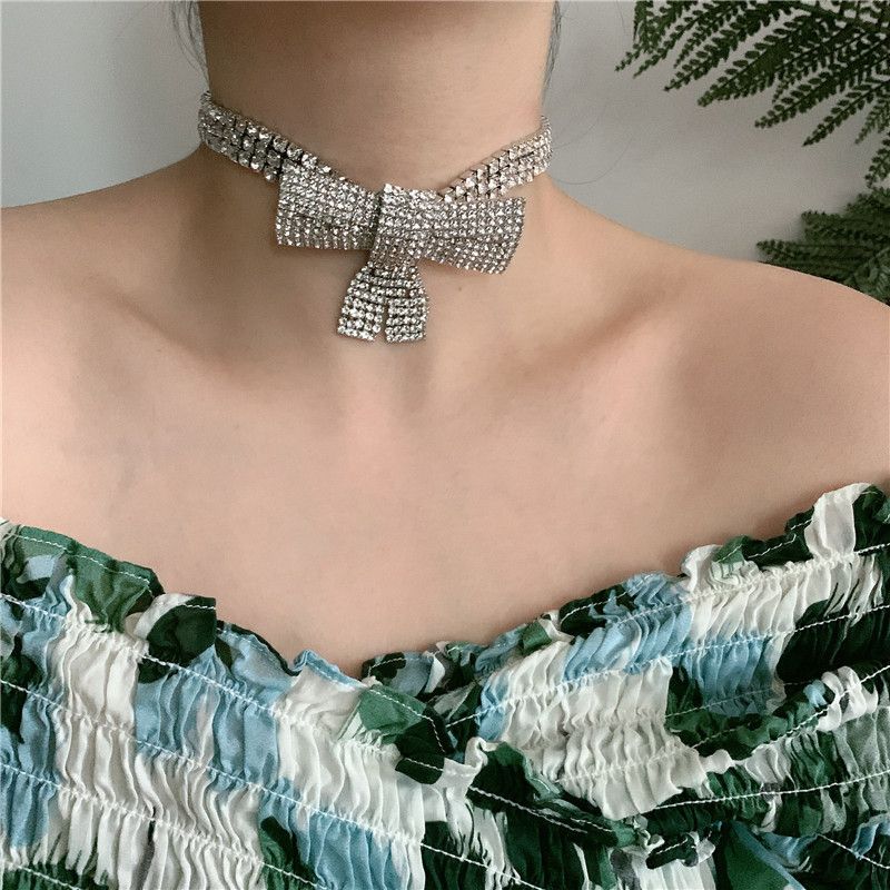 fashion full diamond geometric bow choker necklace exaggerated clavicle neck chain tide wholesale nihaojewelry