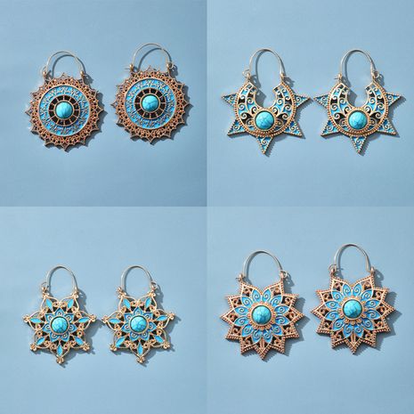 Retro Sun Flower Geometric Flowers Turquoise Blue Ethnic Style Earrings Fashion Carved Hollow Earrings wholesale nihaojewelry's discount tags