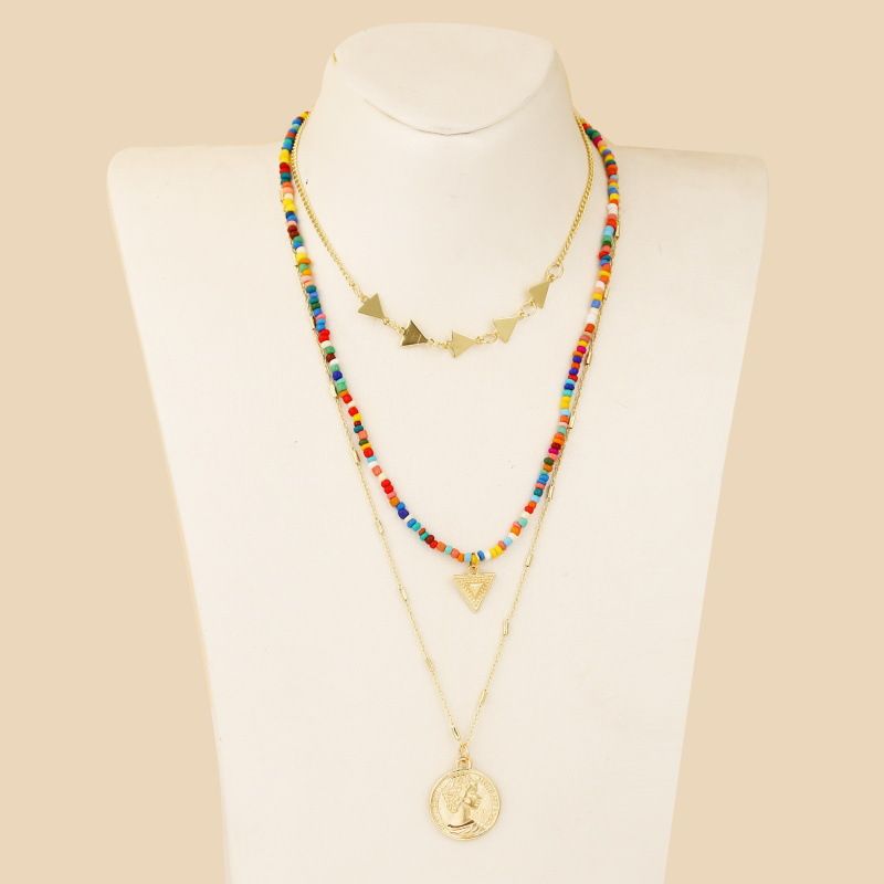 Europische und amerikanische Mnzen hand gefertigte Reis perlen drei mehr schicht ige Halsketten weibliche kreative Auenhandel gewebte Dreiecks anhnger Schmuck