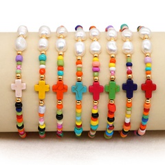 Simple and creative color rice beads bracelet natural pearl cross ethnic style handmade jewelry wholesale nihaojewelry
