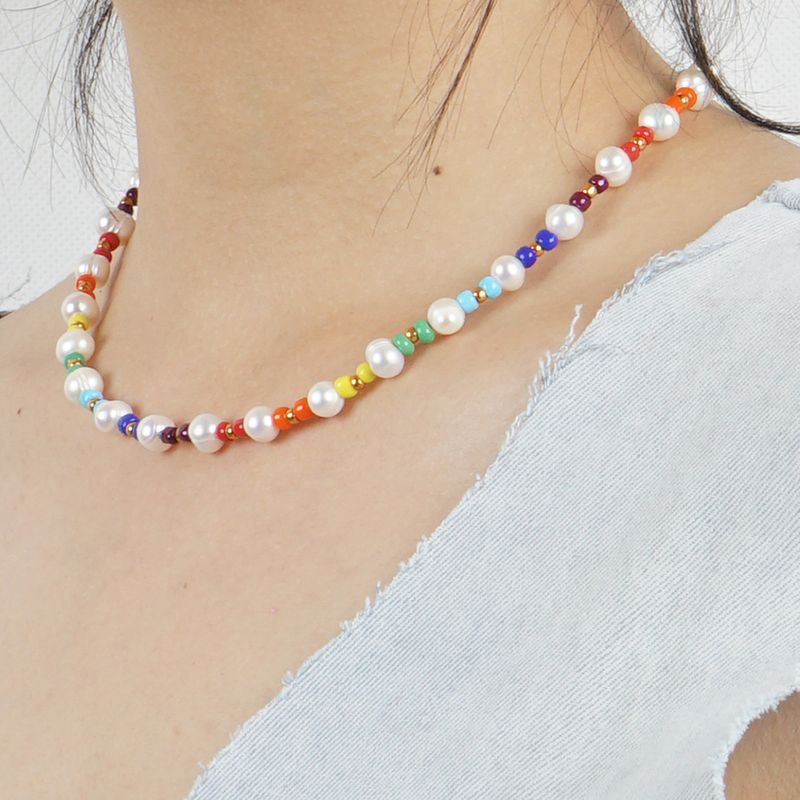 fashion natural freshwater pearl necklace bohemian beach wind color rice beads woven handmade jewelry