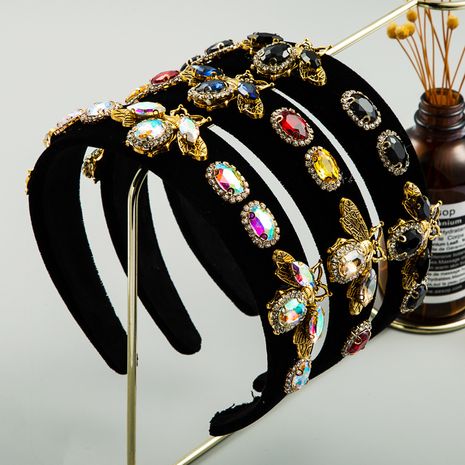 Baroque black gold velvet rhinestone headband retro wide-brimmed bee headband hair accessories's discount tags