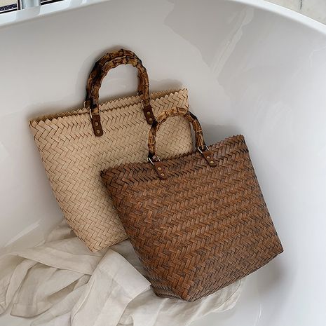 new woven bag large capacity bucket bag bamboo handle portable tote bag fashion straw beach bag wholesale nihaojewelry's discount tags
