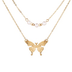hot double-layer imitation pearl butterfly pendant necklace creative retro clavicle chain wholesale nihaojewelry
