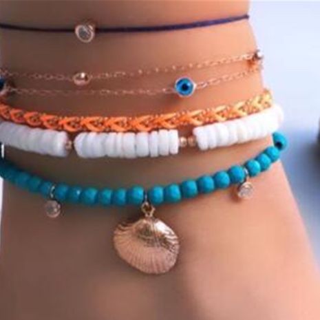 bohemian turquoise beaded diamond scallop multi-layer anklet color woven shell anklet 6-piece set wholesale nihaojewelry NHGY229332's discount tags