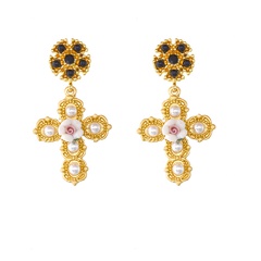 retro elegant gorgeous palace gem cross baroque ceramic flower pearl silver needle earrings wholesale nihaojewelry