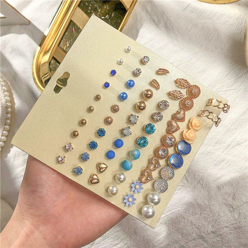 Korean 30 pairs of earrings suit imitation zircon love flower diamond pearl earrings wholesale nihaojewelry