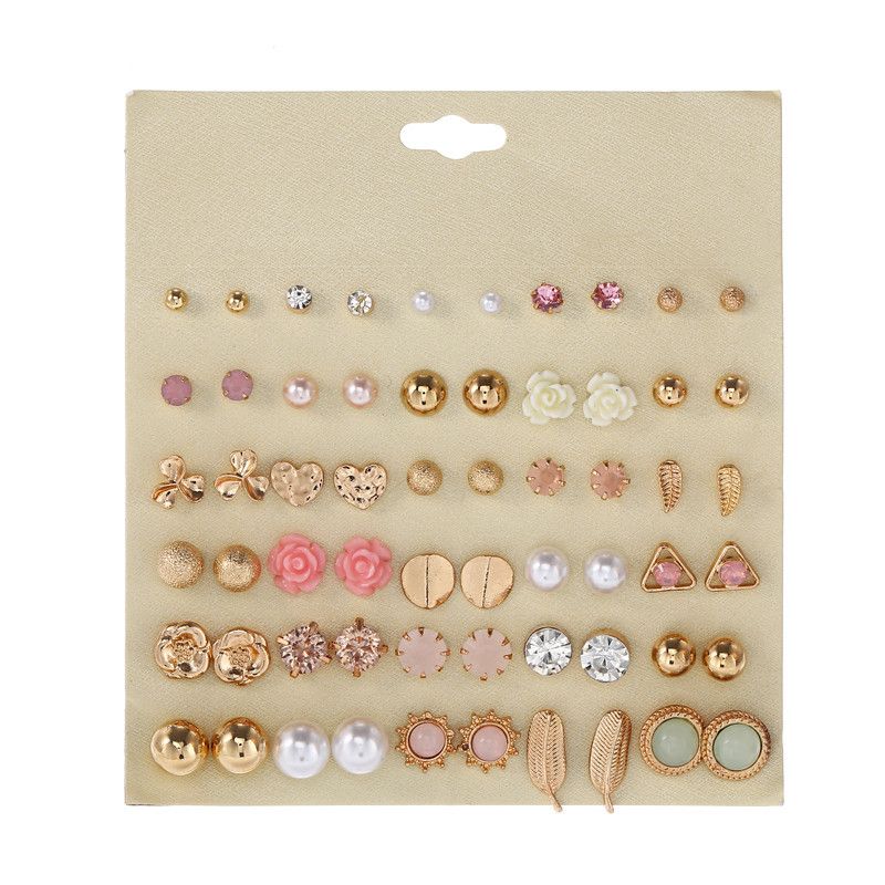 hot sale  South Korea 30 pairs of alloy leaves resin pink flowers geometric earrings wholesale nihaojewelry