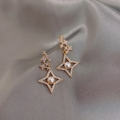 S925 silver needle Korea new four-pointed star pearl full diamond earrings wholesale nihaojewelry